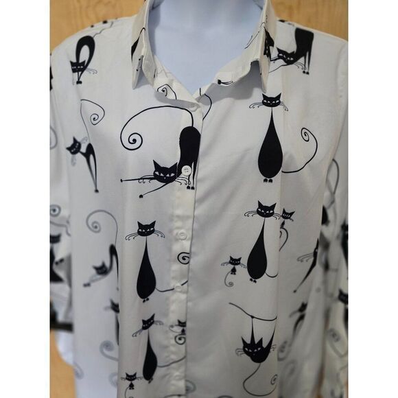 Black & White Cat Print Button-Up Shirt 4XL Long Sleeve Women 95% Polyester Fun - Picture 2 of 10
